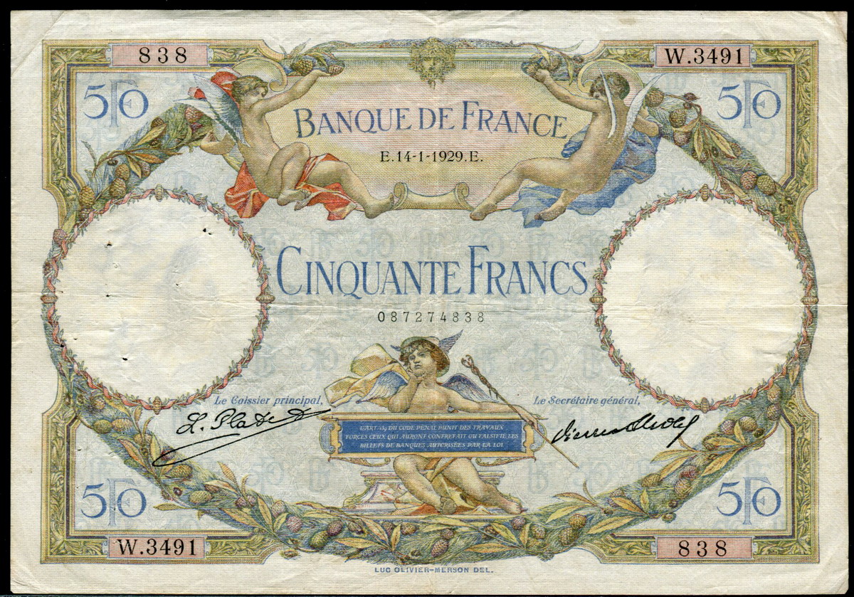 프랑스 France 1927-1930 ( 귀한년도 1929 ), 50 Francs, P77a, 보품 핀홀